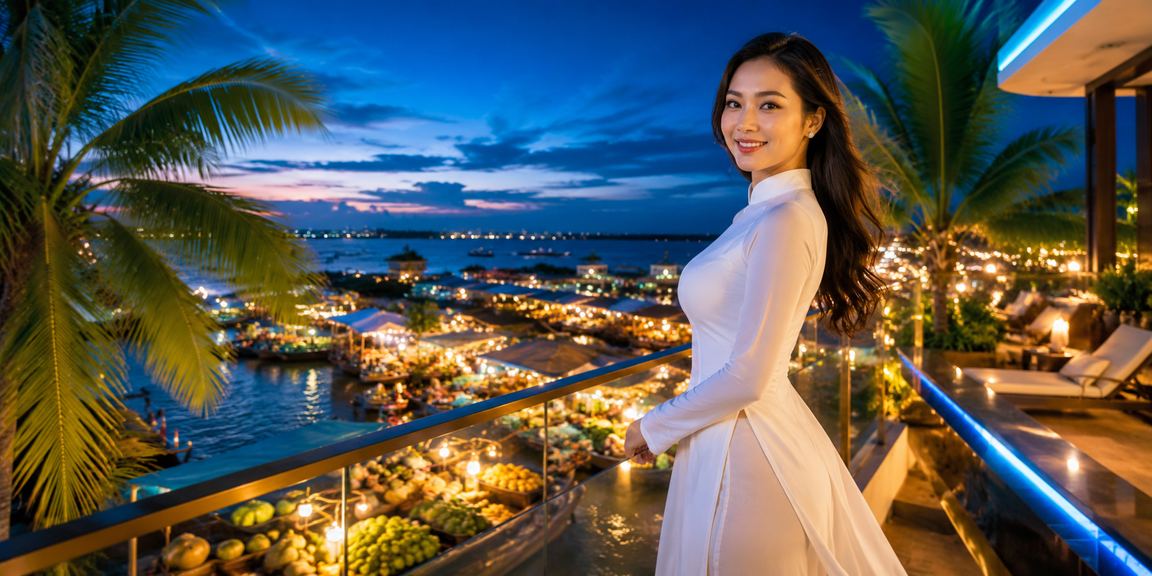 Người phụ nữ mặc áo dài đặt cược thể thao trên điện thoại tại vùng Mekong
